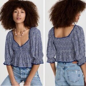 NWT Free People Brittney Crop Top Navy Floral Blouse - Blue Combo